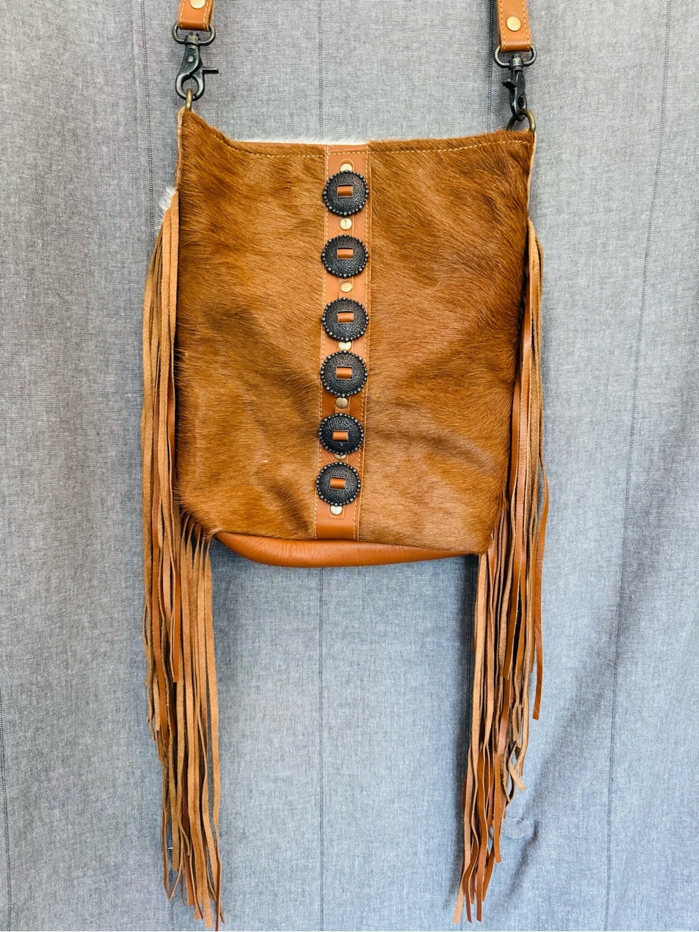 Myra Bag Cowhide Leather Fringe Shoulder Crossbody Purse Western Rodeo Boho EUC